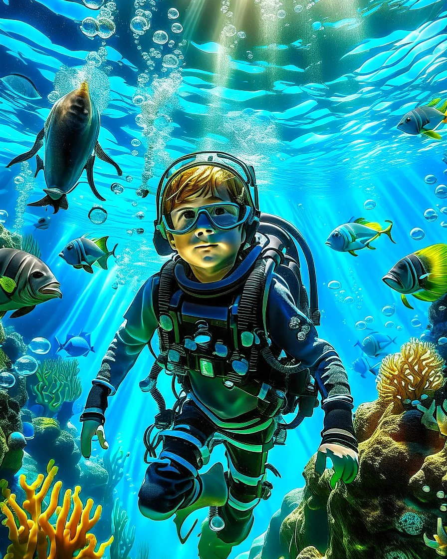 Make a image of a young boy wearing scuba gear, underwater with fish, jellyfish and bubbles. Low angle view looking up towards the surface of the Ocean, Photorealistic.