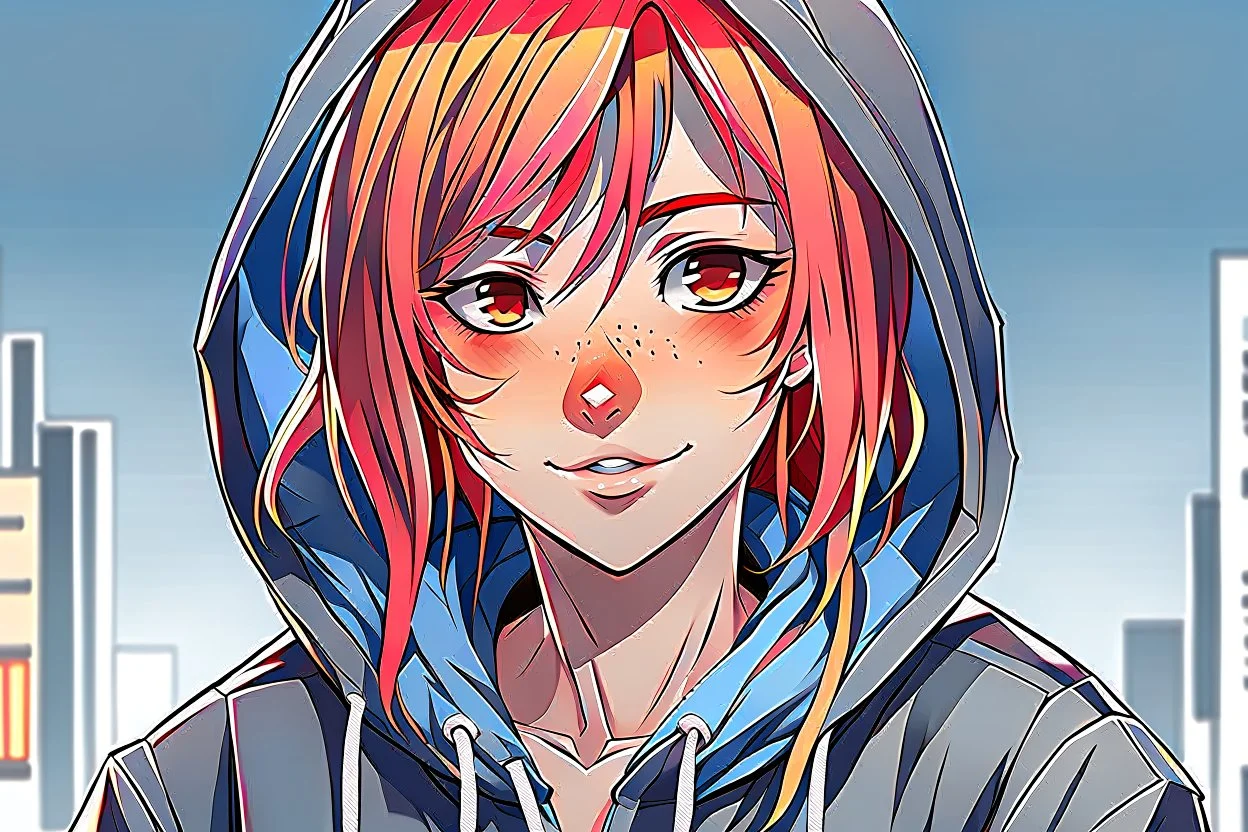 An anime young adult female with medium length bright red hair, she has brown eyes, wearing a black hoodie, realistic, slight smile