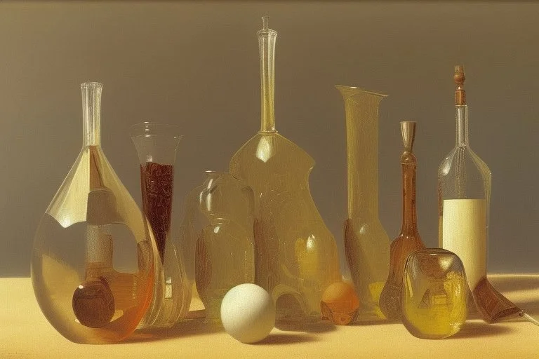 A still life with glass bottles and a glass vase in sand dunes by Giorgio Morandi