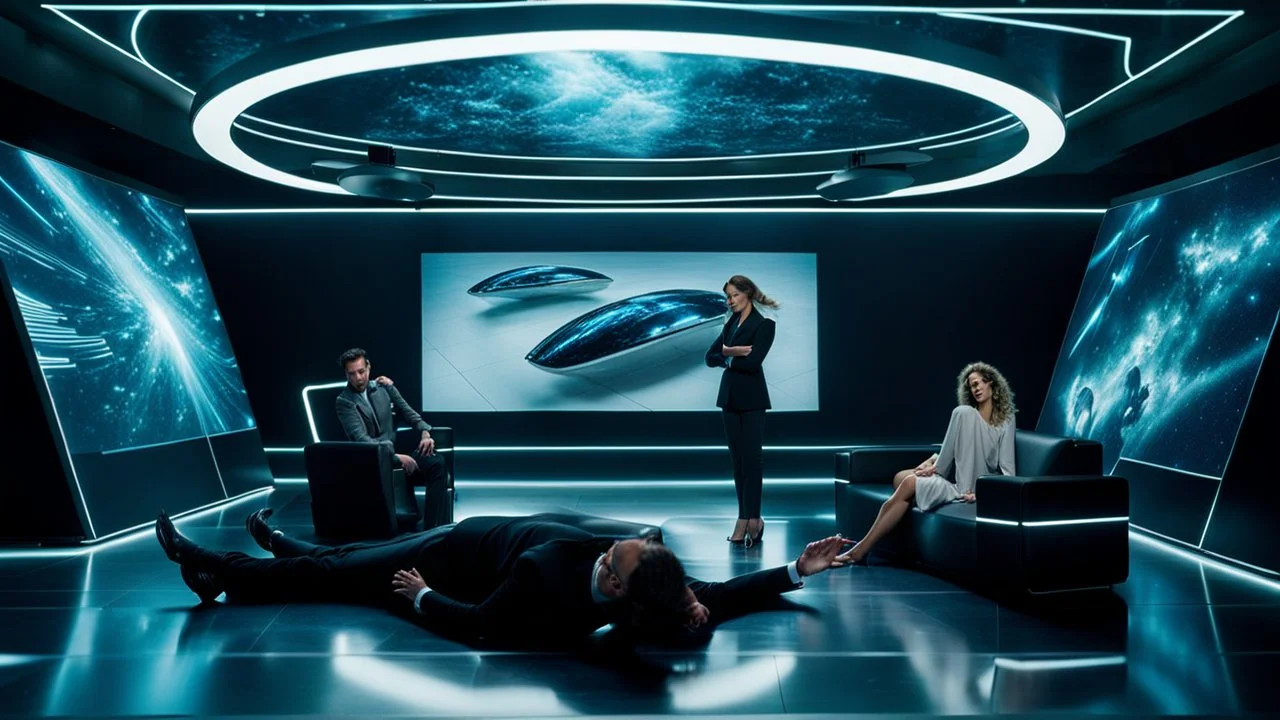 High angle shot from futuristic scene featuring three exhausted professionals in a high-tech office setting. The photograph captures the trio lying on the floor, with one man and two women displaying their fatigue. In the background three overturned black chairs lies down on the floor. showcases a mesmerizing holographic projection wall, displaying enchanting movie scenes that add depth and dimension to the scene. The sophisticated lighting system accentuates the futuristic ambiance