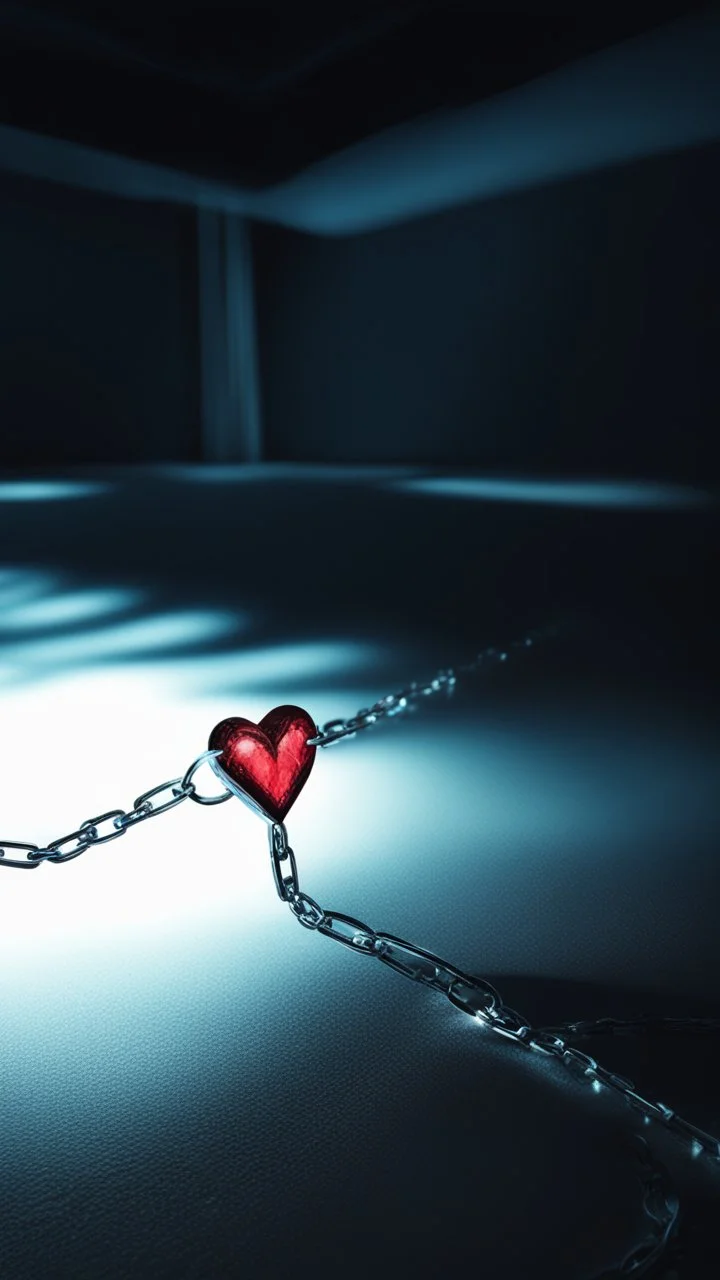 a glowing iced heart, trapped y chain in a dark place