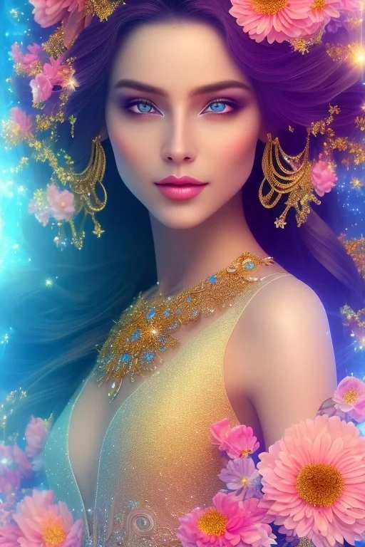 Beautyful smiling young woman, long hair amazing blue eyes, flowers, happy cosmic, bright colors, blue, pink, gold, jewels, realistic, photo real, clear sunny background, highly detailed, high contrast, 8k high definition, unreal engine 5, extremely sharp detail, light effect, sunny light backgroundgold, jewels, realistic, photo real, clear sunny background, highly detailed, high contrast, 8k h