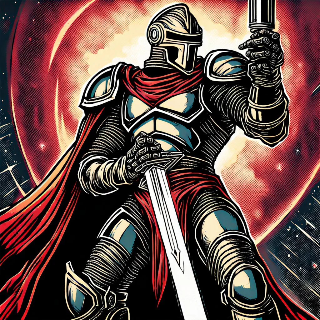 90's retro fantasy art of a heroic space knight with laser sword