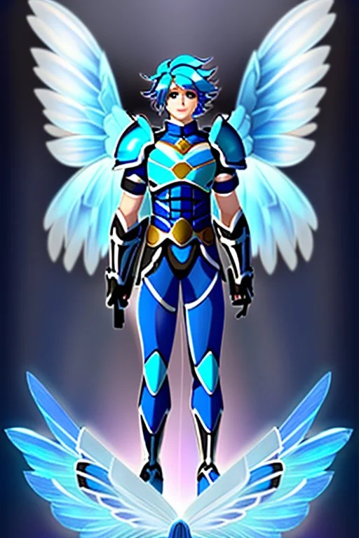 a human male with blue short hair and blue wings in assymetrical armor with geometric patterns and a book in hand