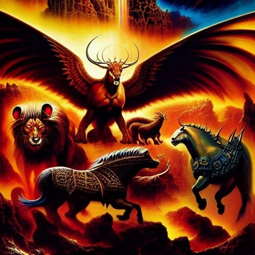 portrait oil on canvas,'four beasts of revelation 4',comic book cover, mystical colors,insanely detailed,realistic,intrincate detail, 16k resolution, masterpiece,Simon Bisley,Frank Frazetta,Alex Horley,ARTHUR ADAMS