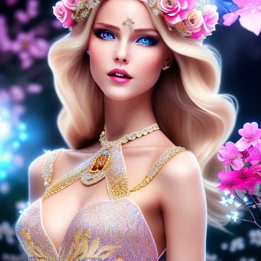 Full body Princess, sexy woman blondie, make up, beautiful smiling face,blue eyes, beautiful place,amazing, flowers, colors, blue and pink butterfly, realistic, photo real, stars night, detailed, high contrast, 8k high definition, unreal engine 5, extremely sharp detail, light effect, light background