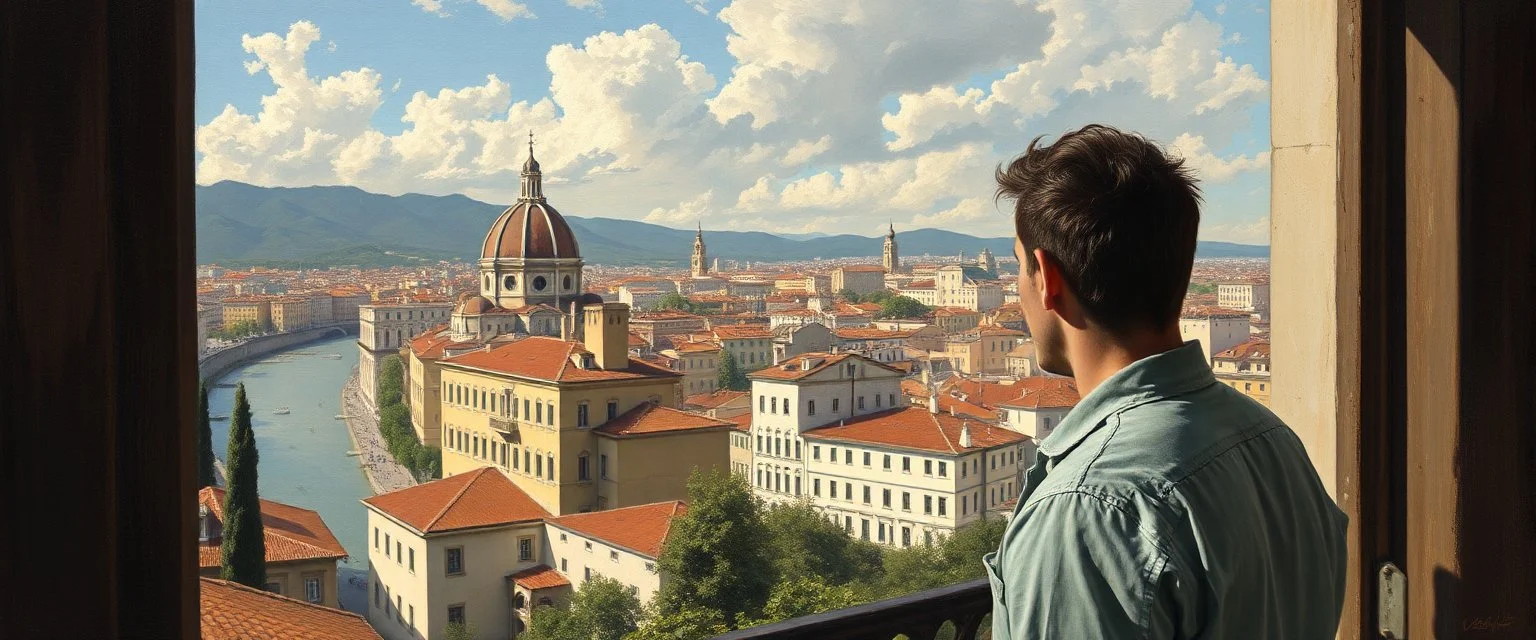 man is watching the city from the balcony painted by andrea del sarto