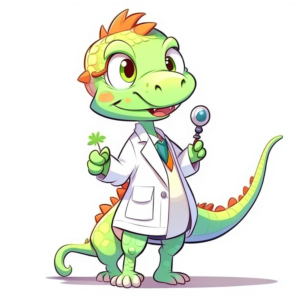 Cartoon illustration for children: Cute female dinosaurus in a white doctor's coat, holding a pincer