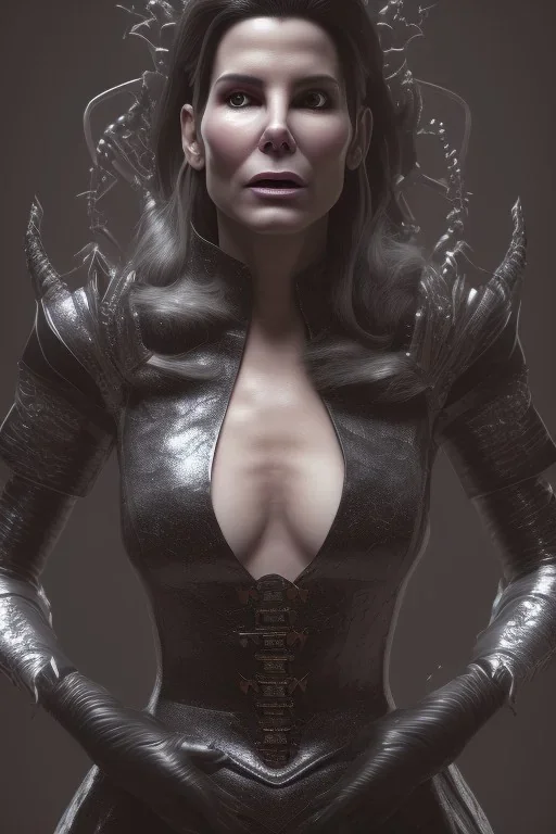 Sandra Bullock as evil queen in black leather gown, cleavage, angry, dominaneering, stern look unreal 5, octane render,cinema4d, dynamic lighting, dramatic lighting, 4k, redshift render, highly detailed, hyper realistic