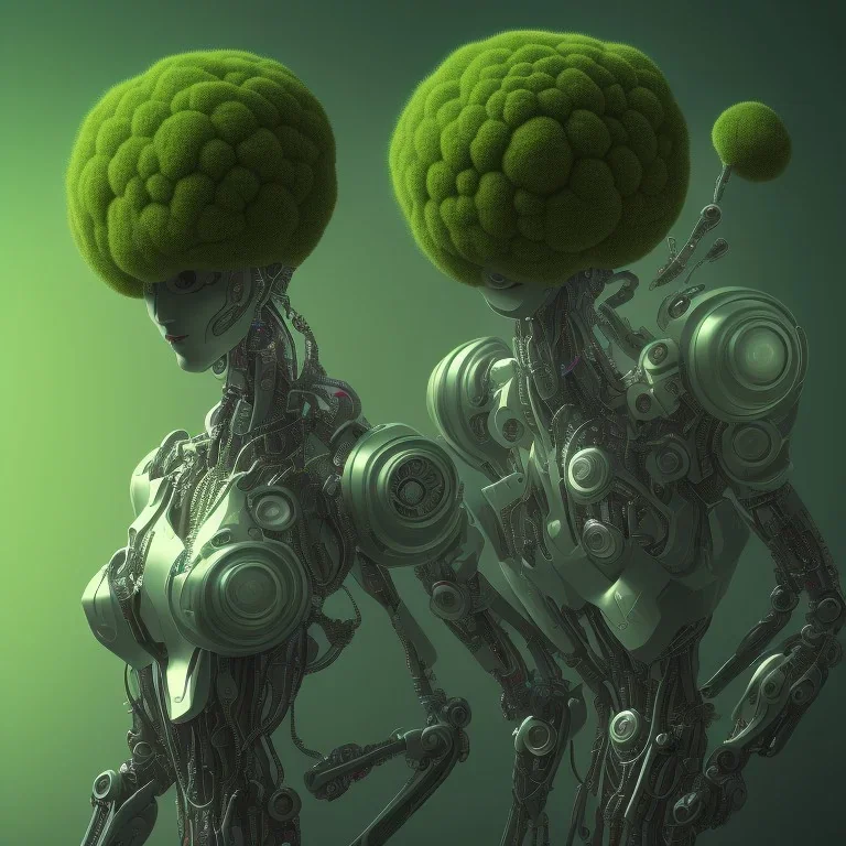 and the winner of the 'most hilarious punk robot' title is: a beautiful full frame portrait digital painting of futuristic broccolipunk robot, wide angle view, extreme close-up, macro lens, centered camera, titanium accents, intricate details, colorful, 8k, least ambient occlusion, volumetric lighting, volumetric clouds