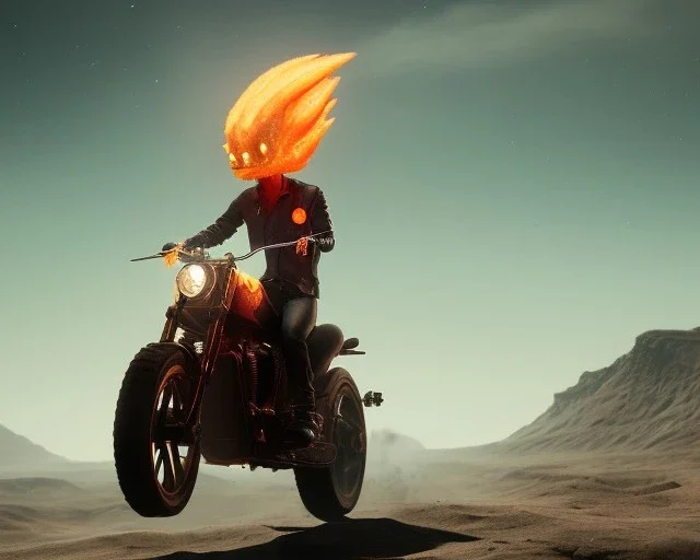 Ghost rider riding in hells flames doing a wheely in hell with the moon in the background