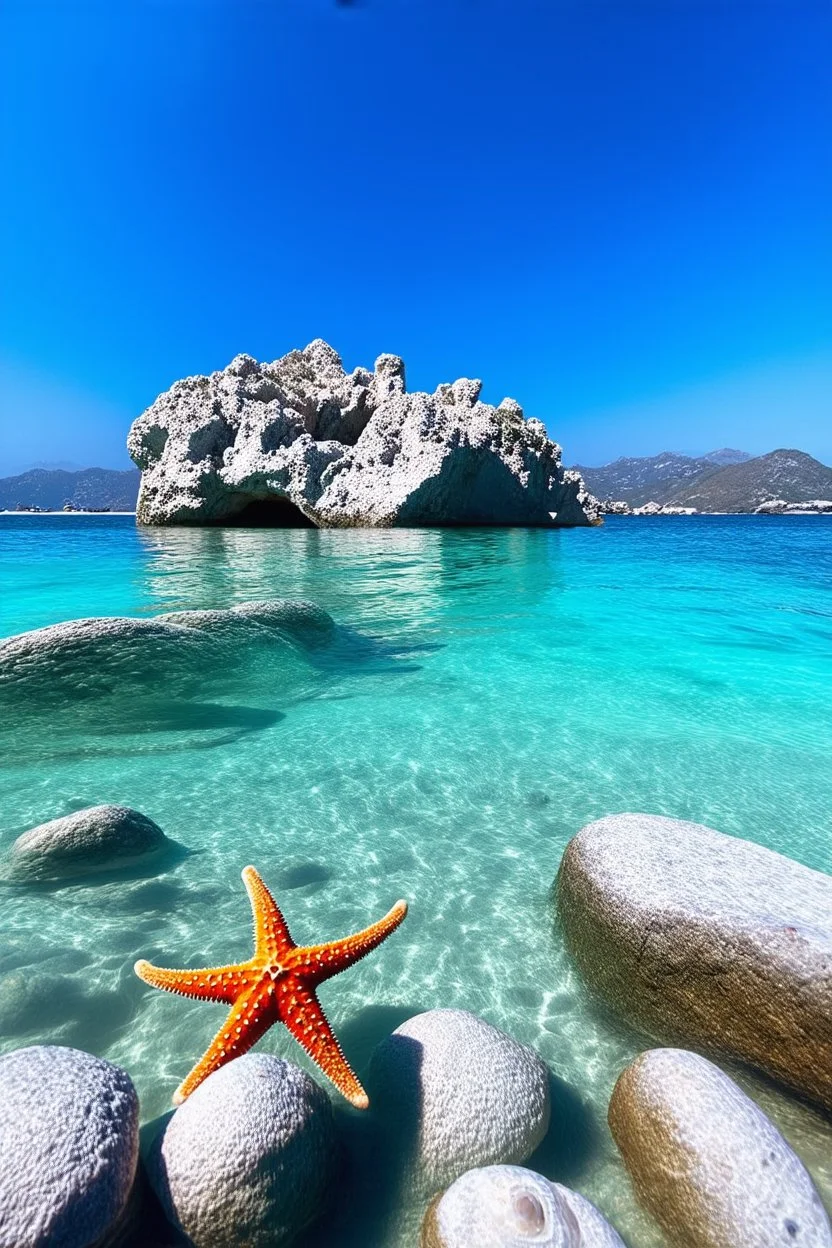 The limestone formations are located on the shore of the crystal-clear emerald sea. They also form the seabed. The water is shallow, about ankle-deep. Large, hollow white shells are visible both in the limestone rocks and in the water. Sporadic red and orange starfish can also be seen in the shallow water. In the background, the outline of high mountains can be seen on top of which single, spreading trees can be seen.