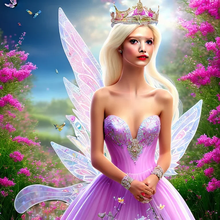 fantasy fairy with transparent wings, smiling, make up, long platinum blond hair with crown and flowers, pink dress