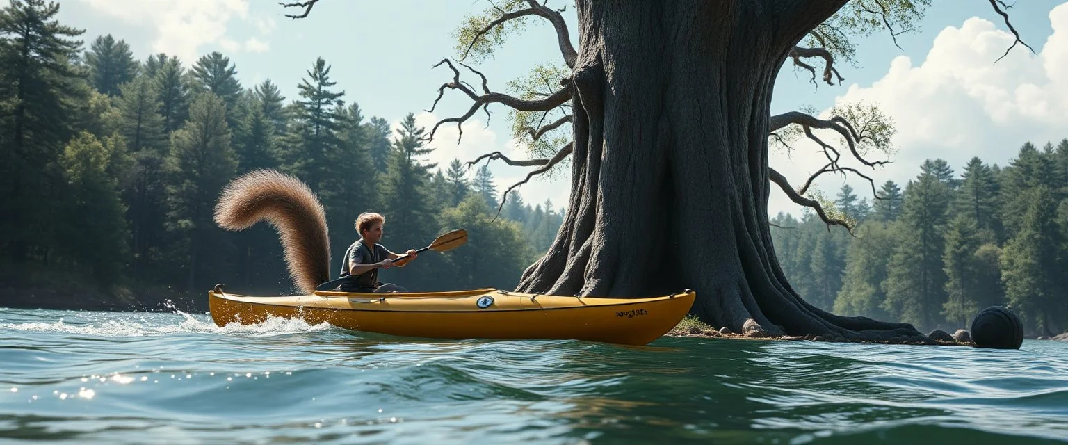 BIGALOW ERUPTS INTO CHEERS "SQUIRREL ISLAND, HERE WE COME – ACORN HEIST OF THE CENTURY!!!" Finn's paddling like crazy, I'm laughing so hard I'm paddling backwards We arrive at Squirrel Island – Bigalow leaps out, does a victory dance, and then... Starts digging like a maniac near the base of the oldest oak tree Finn whispers to me: "Think he knows the acorns are guarded by Squirrelzilla..." Suddenly, a fierce chattering noise echoes – A GIANT SQUIRREL EMERGES, EYES FIXED ON BIGALOW! Bigalow turn