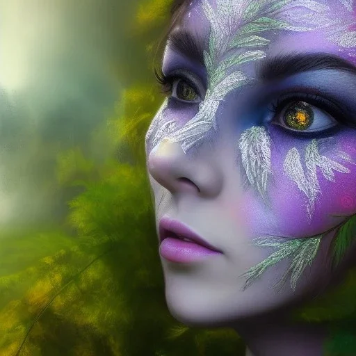 Portrait of beautiful girl, face dept of field,face shining, plant, metal, feathers,central weight average, CWA Dryad, fae, sidhe, ominous, nature, plants, wildflower sparkle,wildflower 3d view, facepaint, dnd character portrait, intricate, oil on canvas, masterpiece, expert, insanely detailed, 4k resolution, retroanime style, cute big circular reflective eyes, cinematic smooth, intricate detail , soft smooth lighting, soft pastel colors, painted Renaissance style,sharp fucus, bokeh,macro lens,