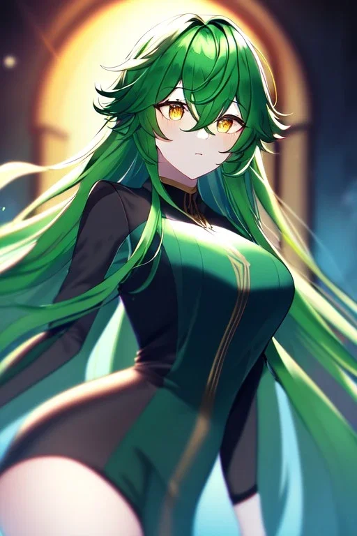 girl, masterpiece, best quality, cinematic lighting, detailed outfit, vibrant colors, perfect eyes, golden eyes, long hair, green hair, messy hair, hair between eyes, depth of field, ray tracing,