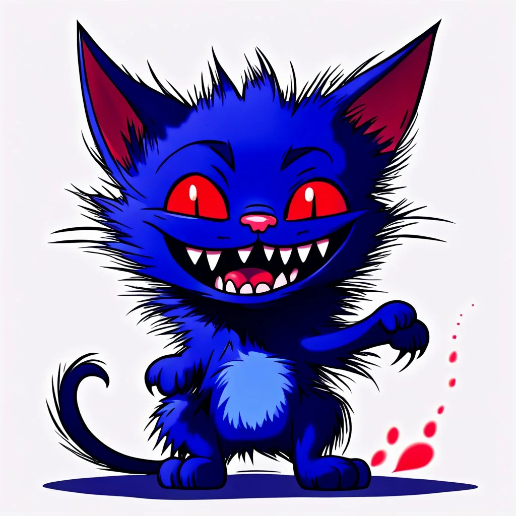 cartoon art from whimsical weird dark blue vampire cat with big head with crepy red eyes, black tail, big smile with sharp teeth, messy body hair, thin little body big paws sitting and looking devilishly, surreal crepy cute style , anime, comics, blur transparent background