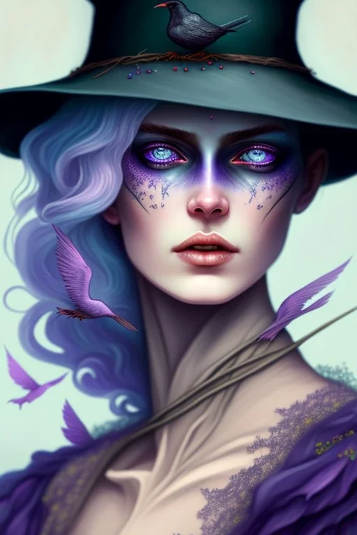 Friendly witch, playing with crows, perfect eyes, perfect iris, pastel colour, chalk, style Elisabeth Kreitz