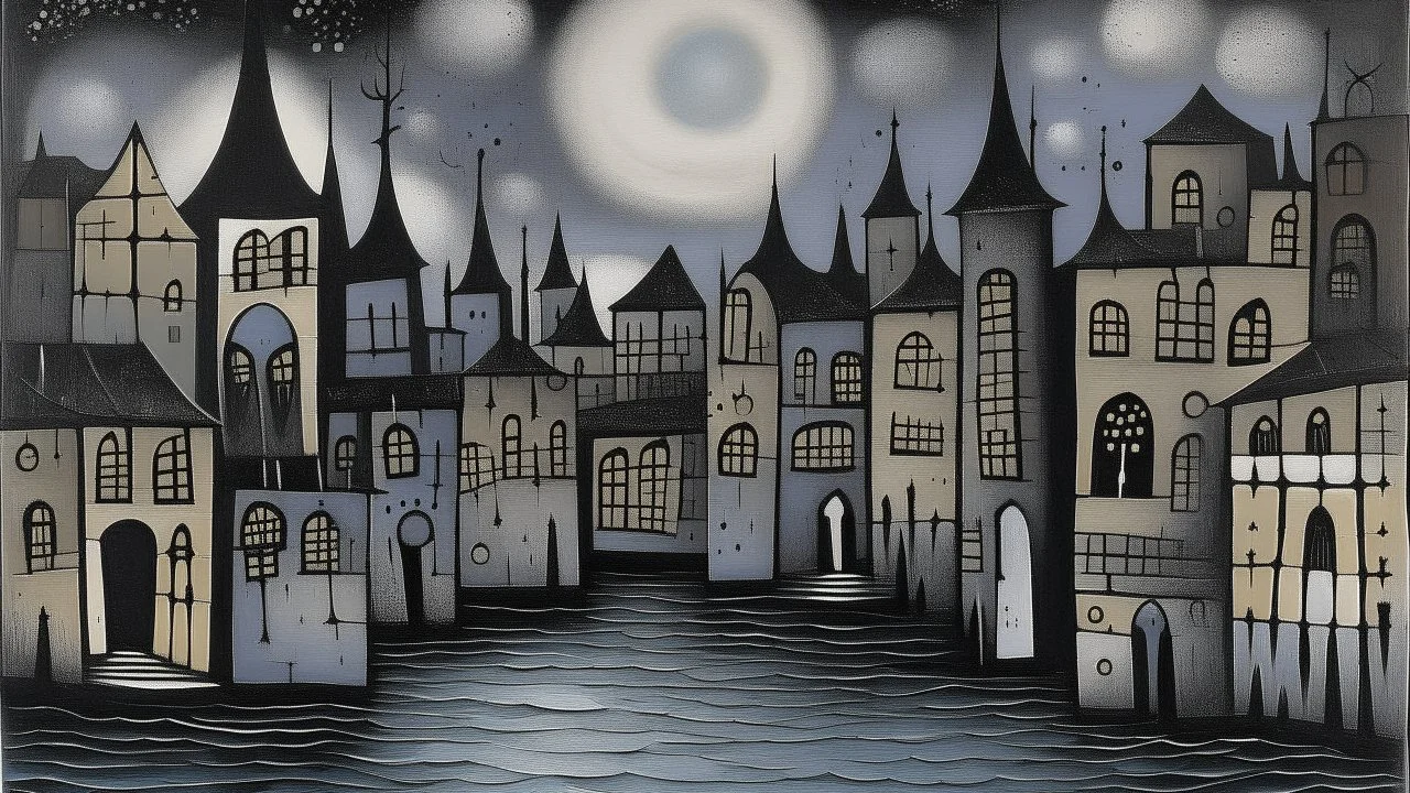 A gray shadowy Venice like city with an inky river designed in Kuna molas painted by Paul Klee