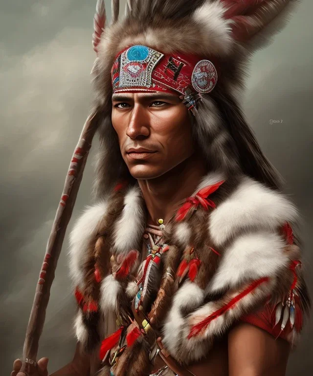 Guaicaipuro, native american face, Muscular warrior, three red feathers headband, holding spear