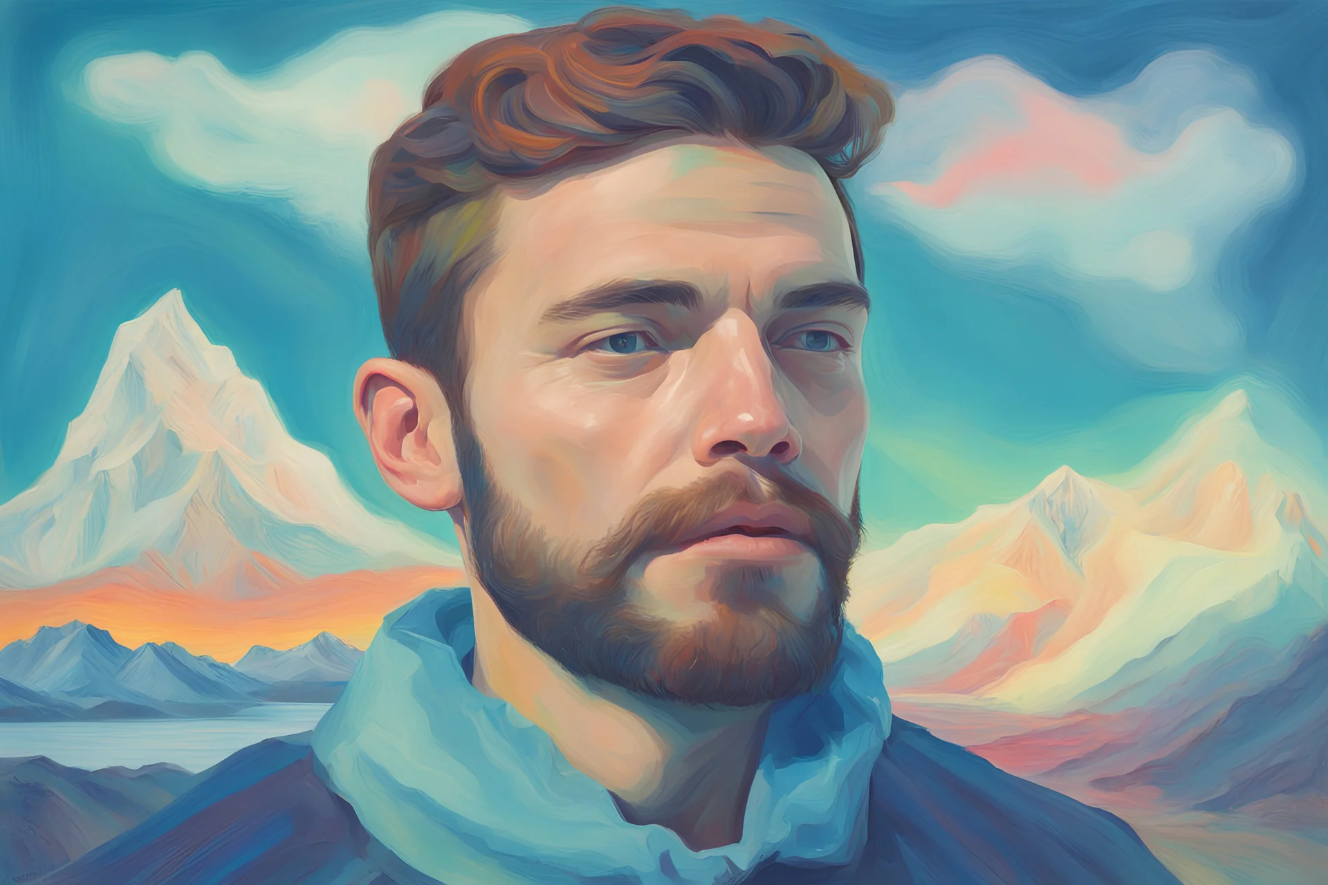 Maria Lassnig oil impasto painting high quality double-exposure photo handsome young beard ACTOR, wears Joe Casely-Hayford hipster fashion, artistically blended with a Icelandic Dawn Aurora Borealis mountain beach landscape, austrian symbolism, double exposure, (illusion:1.2), mixture, (blue background:1.2), foreground clouds, (digital art:1.3), make up, impasto art style