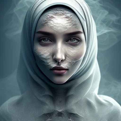 clouds of fog as woman's face, dissolving, disintegrating, wearing hijab, turning to smoke, turning to fog, wearing hijab, fine detail, highly intricate, ghostly, modern surrealism painting, high-quality, volumetric lighting, 8k, ultrahd, George Grie, Marco Escobedo, Igor Morski,Brian Froud, Howard Lyon, Selina French,