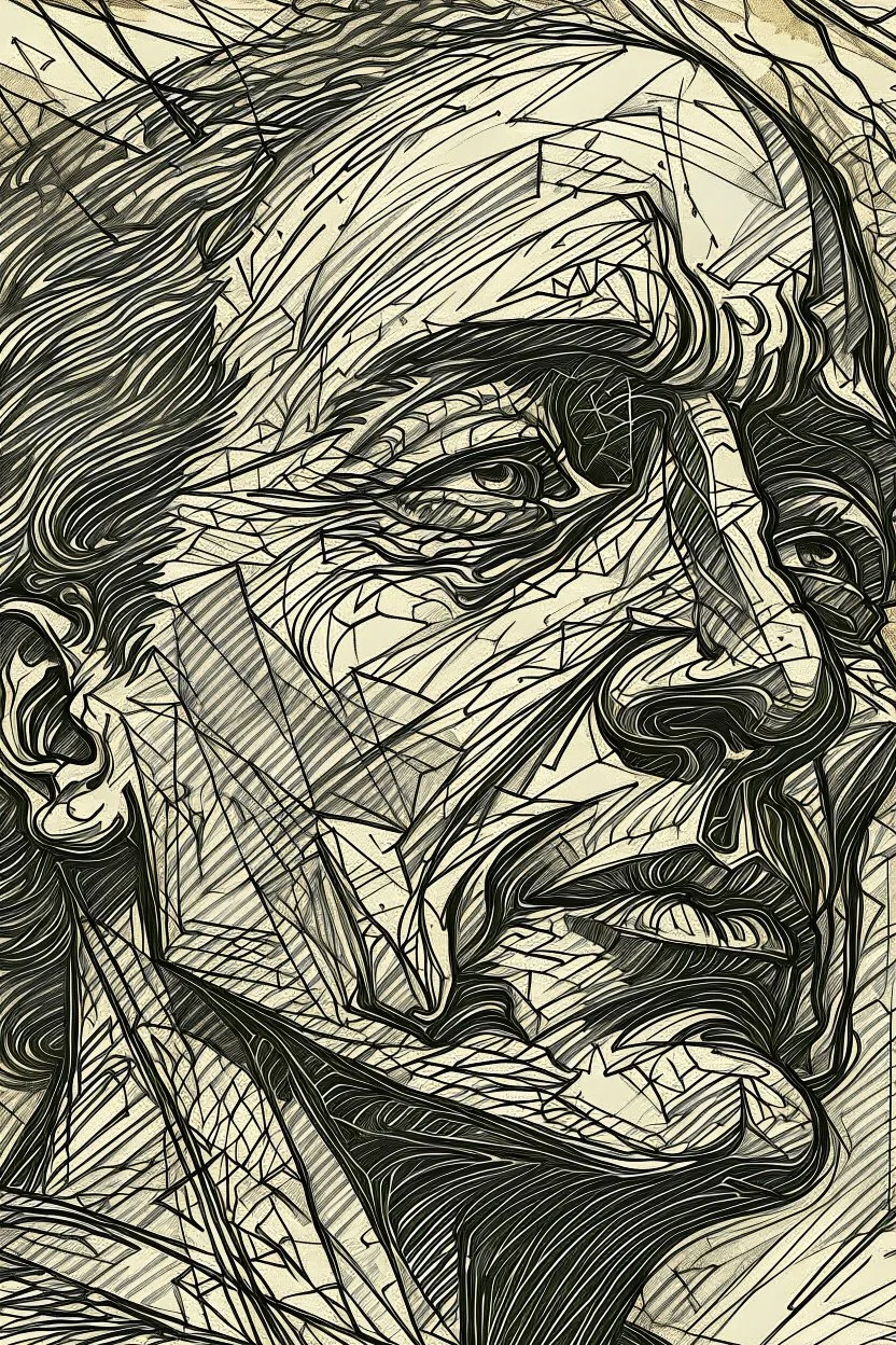 Portrait drawing of A man with deep lines on his face, staring towards the heaven, chaos