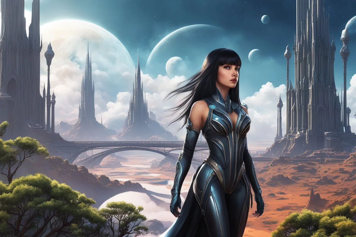 exotic slim sci-fi girl, with long dark hair with bangs, on an alien planet with cloud trees, tall spires, buildings, bridges, arches, photorealistic