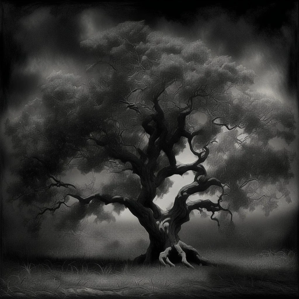 A stunning hyperrealistic photograph of a tree amidst a heavy and dark black and white blurred brush strokes. The tree's intricate details are captured in exquisite detail, showcasing the beauty of nature. The contemplative and serene atmosphere of the scene is enhanced by the film-like quality of the 35mm photograph, with a subtle granular texture adding depth and warmth.