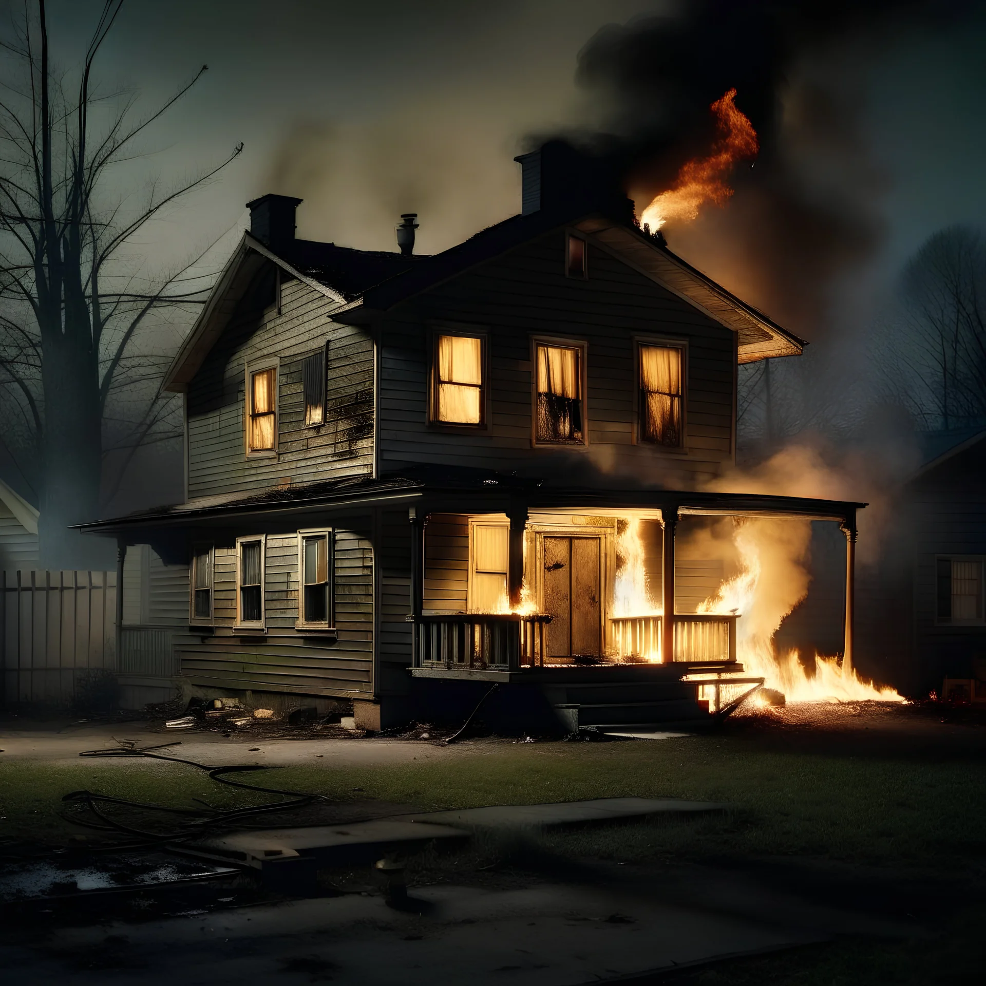 A eerie liminal space photo of a house with fire