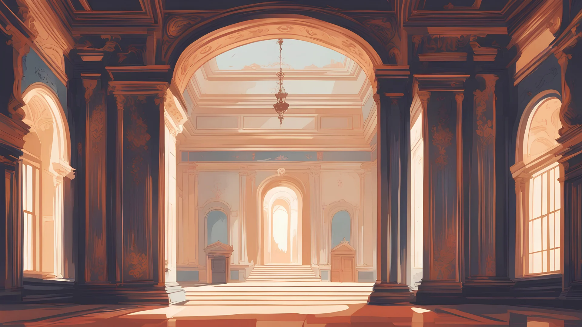 Vector. i2D animated. Inside the old royal palace. Minimal. Digital painting,