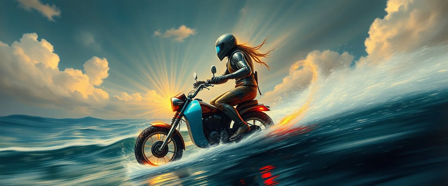 master oil painting by Rembrandt, viggo sandvik as insane eel wild ginger robot on surfboard boat snow scooter mega trike , goa trance glitch poster, background motion blur, volume fog with light rays, jesus clouds