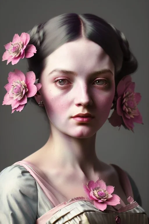 Victorian woman with pink flowers, in the style of Camilla d'Errico, hyper detailed, beautiful, complex, trending on artstation, cinema4d, cryengine, national geographic photo, chiaroscuro