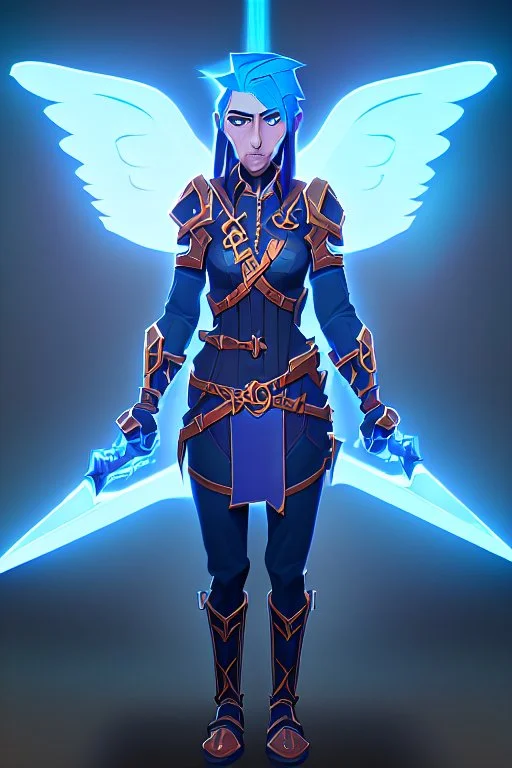 a person in runic armor with blue wings, blue short hair, runic tattoo and spell book