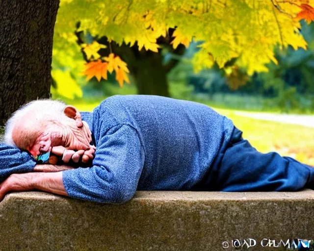 old man sleeping by maple tree