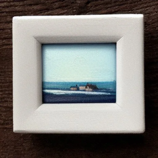 tiny oil painting of tiny seaside village, plain white background, solid white background, tiny white canvas, tiny white frame, melancholy, tender, moody, vintage, delicate arrangement, beautiful composition, etsy, aesthetic layout, plain solid white background