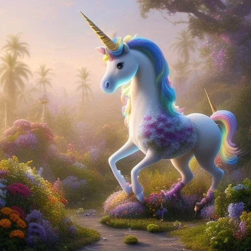 pixar style, volumetric summer garden environment and background, realistic painting of an unicorn, looking excited, volumetric lighting, dramatic lighting, detailed digital painting, extreme dense and fine fur, anime, ornate, colour-washed colors, elegant, small minutiae, tiny features, particulars, centered, smooth, sharp focus, renderman gofur render, 8k, uhd, detailed eyes, realistic shaded volumetric lighting, sunlight caustics, backlight, centered camera view