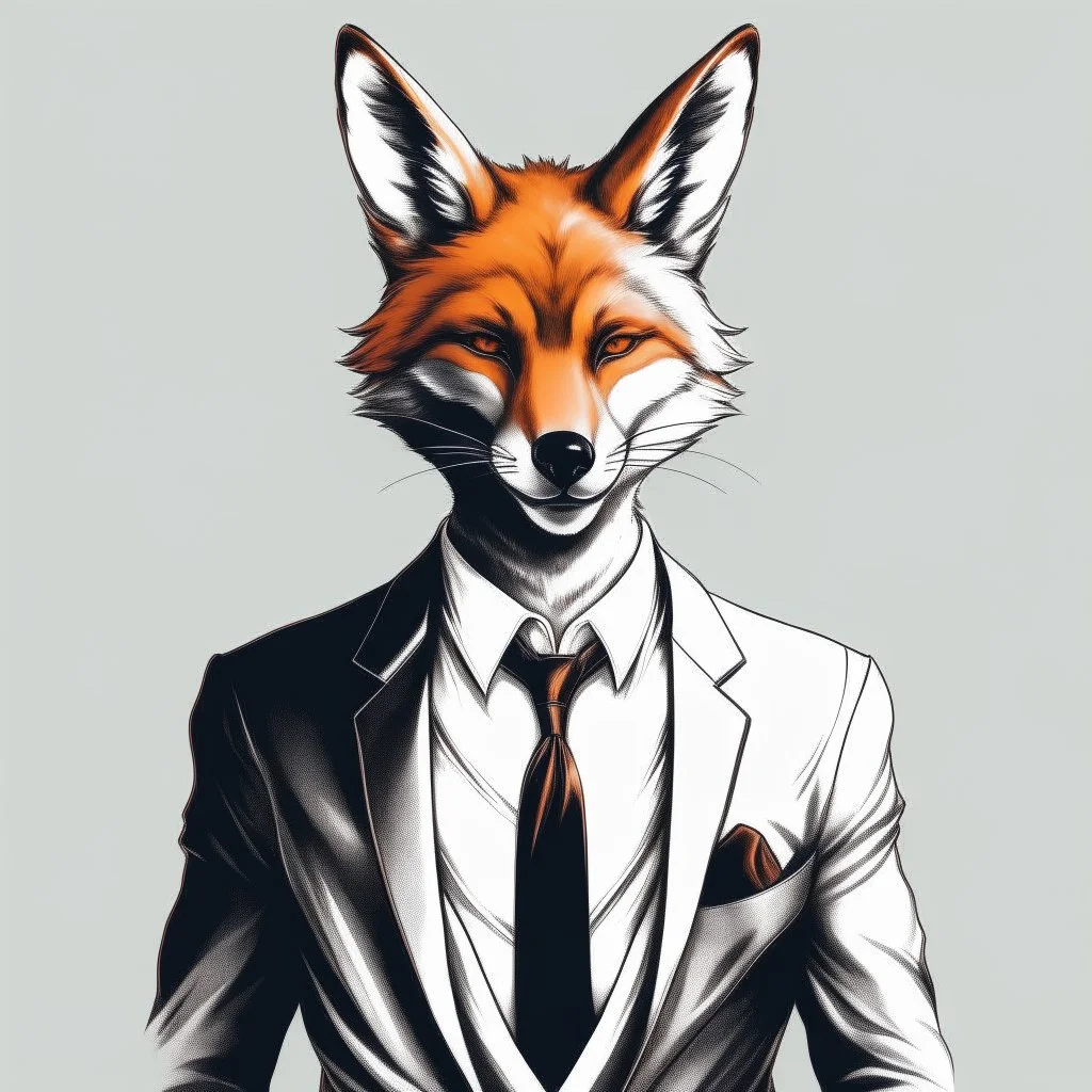 Illustrative sketch of a image of an humanoid fox, suit and tie, arte lineal ultra quality, 8k