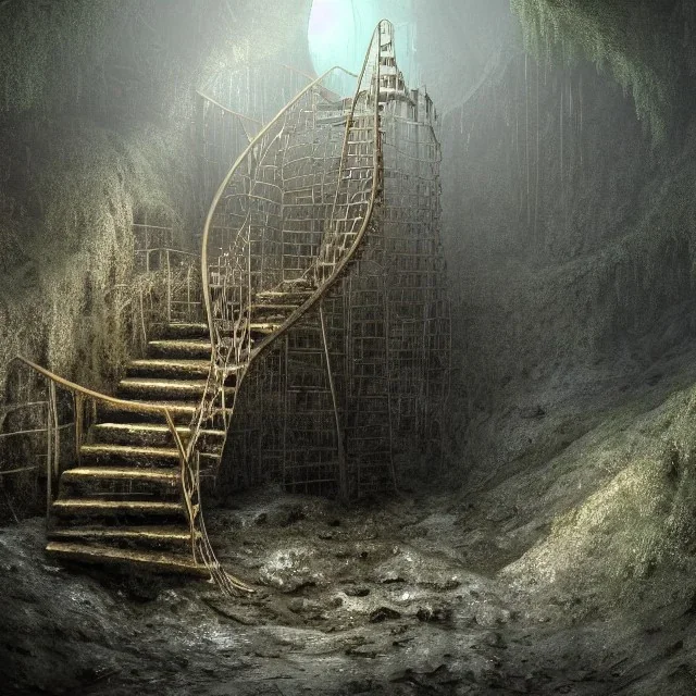 abondoned mine shaft with long metal staircase into murky brackish water, cavernous mine shaft, flooded, 8k resolution, 3D octane render, intricate, sharp, crisp, ultraHD, digital art, detailed matte, volumetric lighting George Grie, Anne Dittman, Anne Stokes, Lisa Parker, Selina French, brian froud, howard lyon,