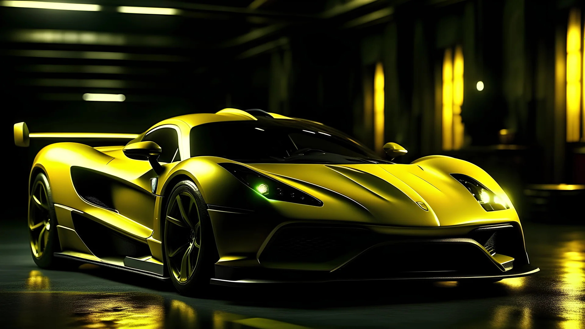 A yellow KOENIGSEGG JESKO ABSOLUT, unreal 5, hyperrealistic, realistic, photorealistic, dynamic lighting, highly detailed, cinematic landscape, studio landscape, studio lighting