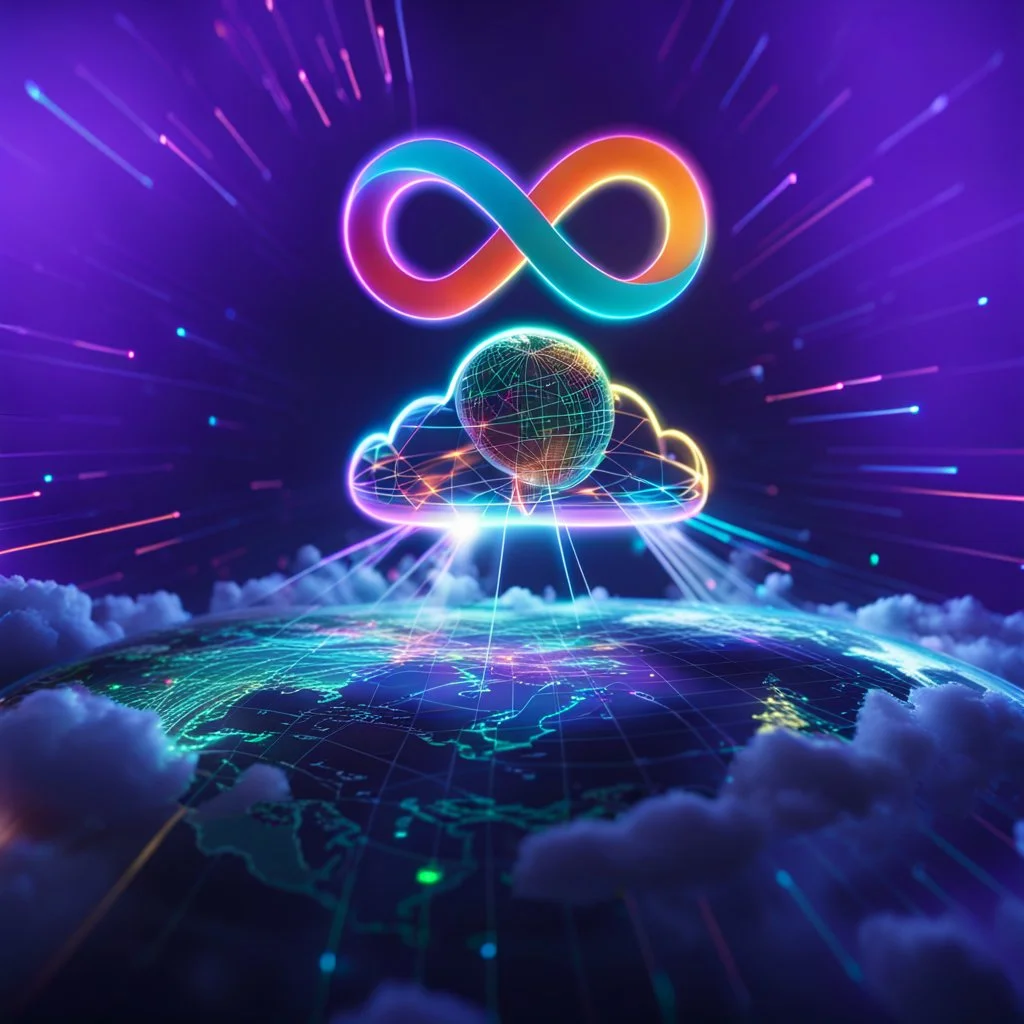 Colourful 3D glowing infinity symbol ∞, hovering above a colourful glowing cloud, network and lights coming from the cloud onto a futuristic map of the globe, inspiring, neon, glowing, friendly, beautiful, octane render, 8k post-production, artstation: award-winning: atmospheric: commanding: fantastical: clarity: 16k: ultra quality: striking: brilliance: liquid medium: stunning colors: amazing depth; lens: f/8, 28mm