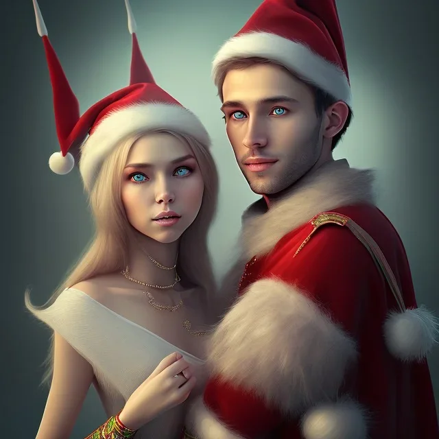 two elves. woman and man. Christmas scene. photorealistic. low-key