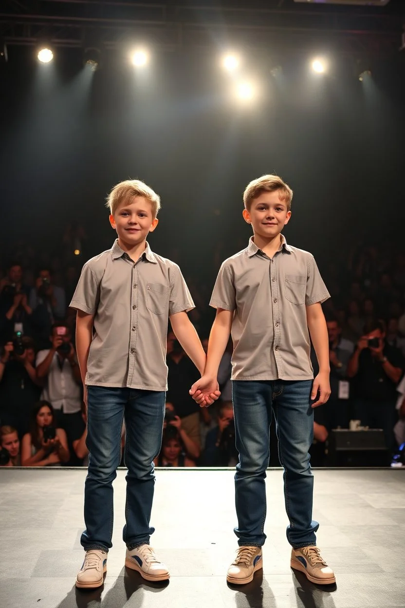 Norwegian Identical boy twins celebrites, same sex gender standing on a stage with holding their hands, lot of photographers, flashing lights, identical twins with same sex gender