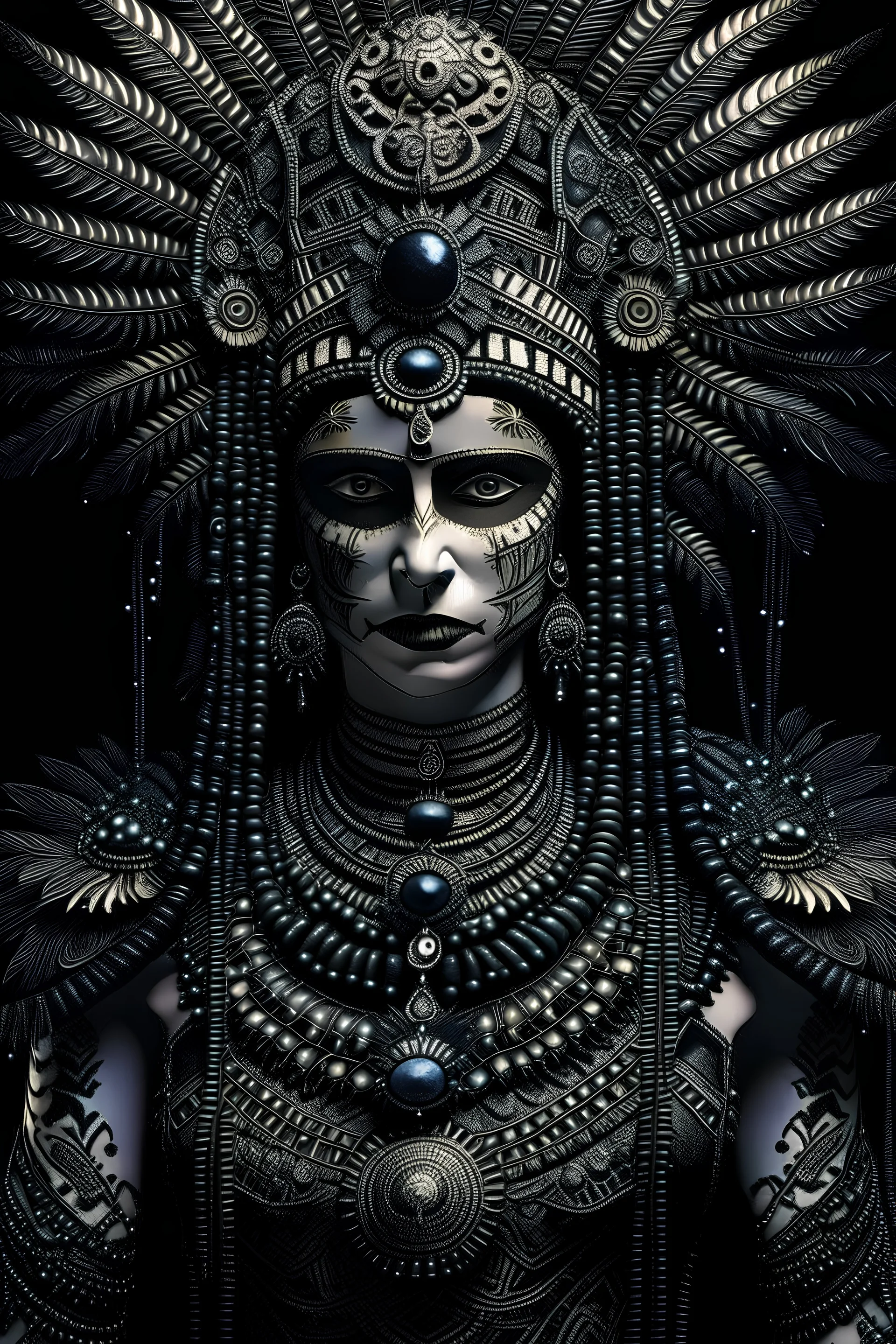 A beautiful vantablack woman portrait with voudore shamanism adorned with black ladybug headdress and earrings ribbed with black obsidian and white pearls wings metallic golden filigree organic bio spinal ribbed detail of vantablack shamanism background extremely detailed hyperrealistic maximálist concept att