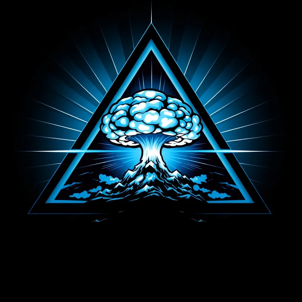 a blue nuclear explosion mushroom cloud inside an equilateral triangle, radiant lines, vector logo