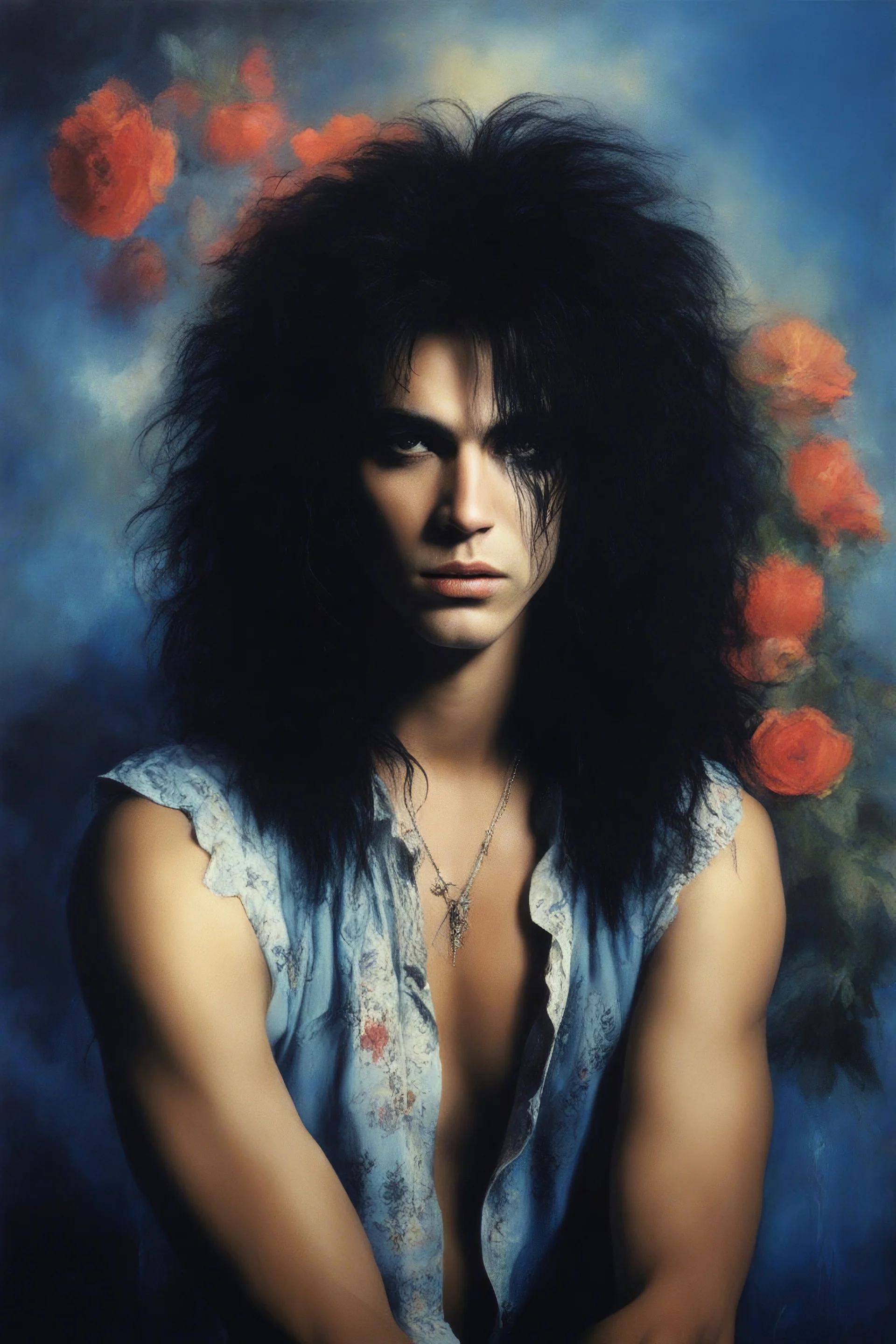 Chiaroscuro lighting, deep shadows, rich deep colors, facial portraits, 1980, 16-year-old Paul Stanley, ((1980's big hair, long, teased up Spikey Motley Crue style hair)), black hair, facial portraits, foggy, cloudy blue wall with assorted designs and multiple floral arrangements in the background, 4k, 8k, 16k, 32k, 100k UHD, Ultra-Hyper Resolution, dark, sultry eyeshadow, eyeliner, mascara, rouge, lipstick, from the rock and roll band KISS