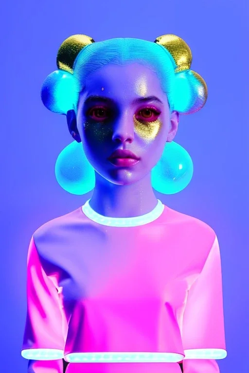 Rosalía artist, Realistic image, waist up portrait, perfect eyes, glow eye, black eye line, sweet face, pigtails hair, spray line make up, geometric, gold, big rings piercing, led ornament, bubble latex coat, inflatable, cold, led lights, geometric, neon, pink, blue, gold, vibrant color, highly detailed, art stations, concept art, smooth, unreal engine 5, god rays, ray tracing, RTX, lumen lighting, ultra detail, volumetric lighting, 3d, finely drawn, high definition, high resolution