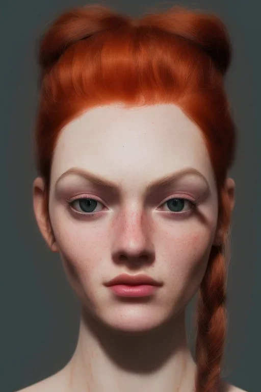 Woman, 90kg, beautiful, orange hair, two braids, bangs, rossi eyes, big eyes, freckles, long eyelashes, Frozen, 8k resolution concept art by Greg Rutkowski