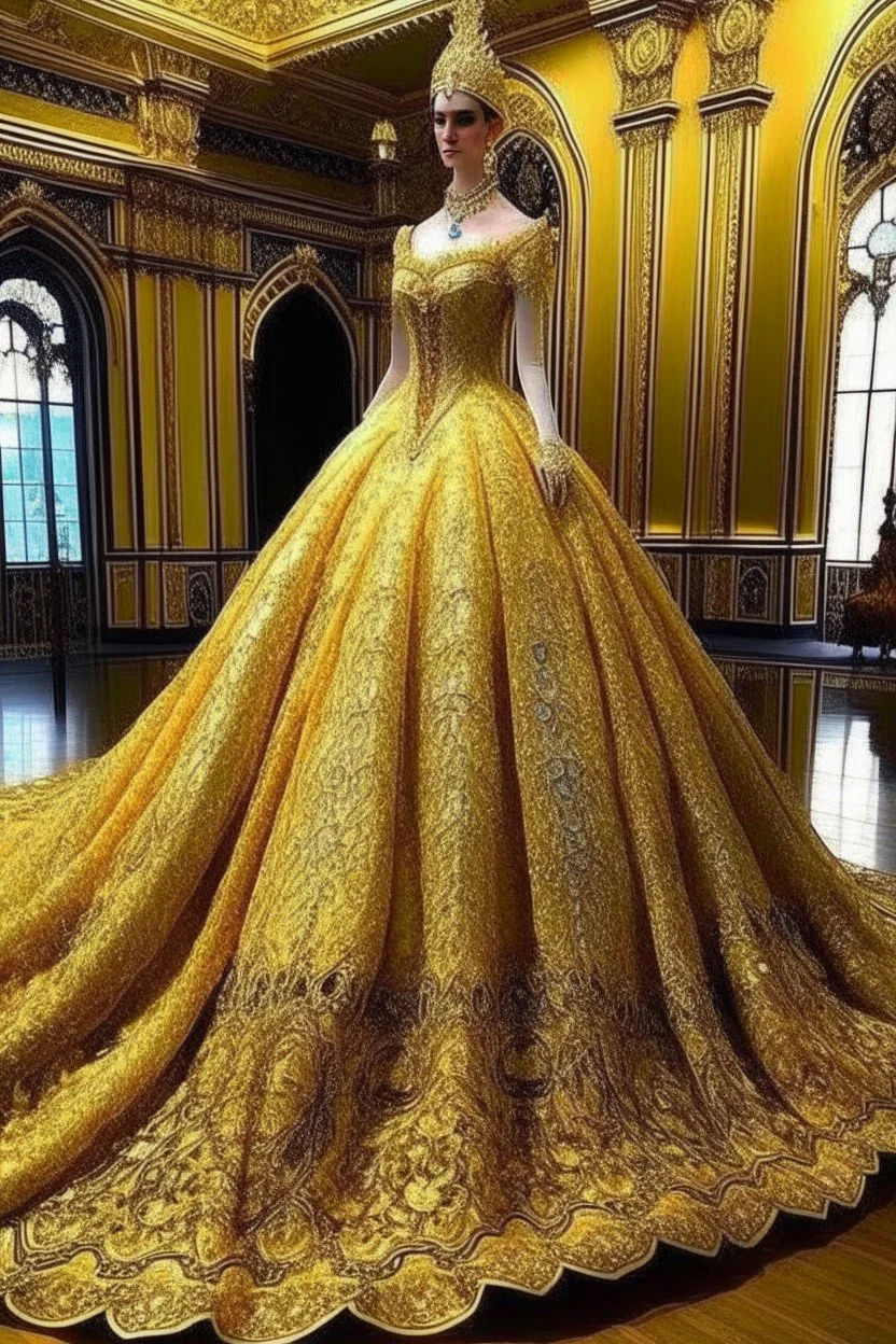 a very royal near easten golden luxurious and big wedding dress