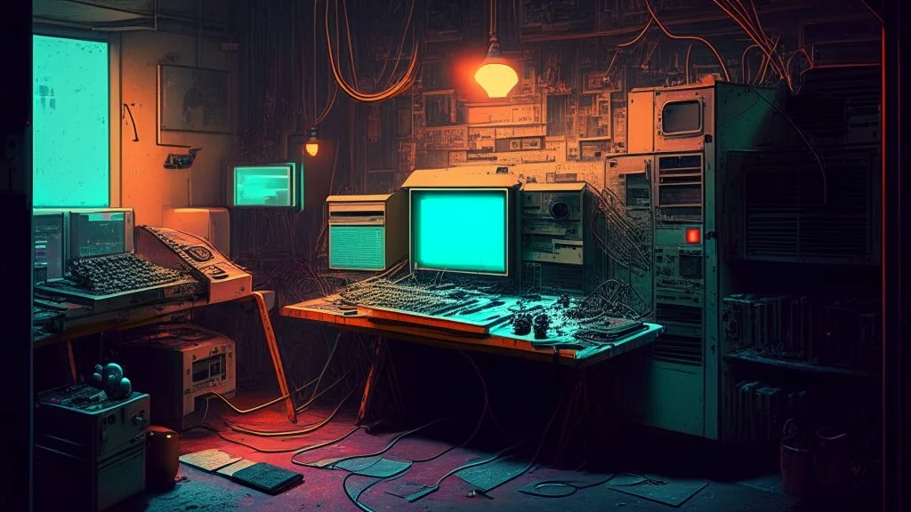 inside a 1970s anarchy style hacker space